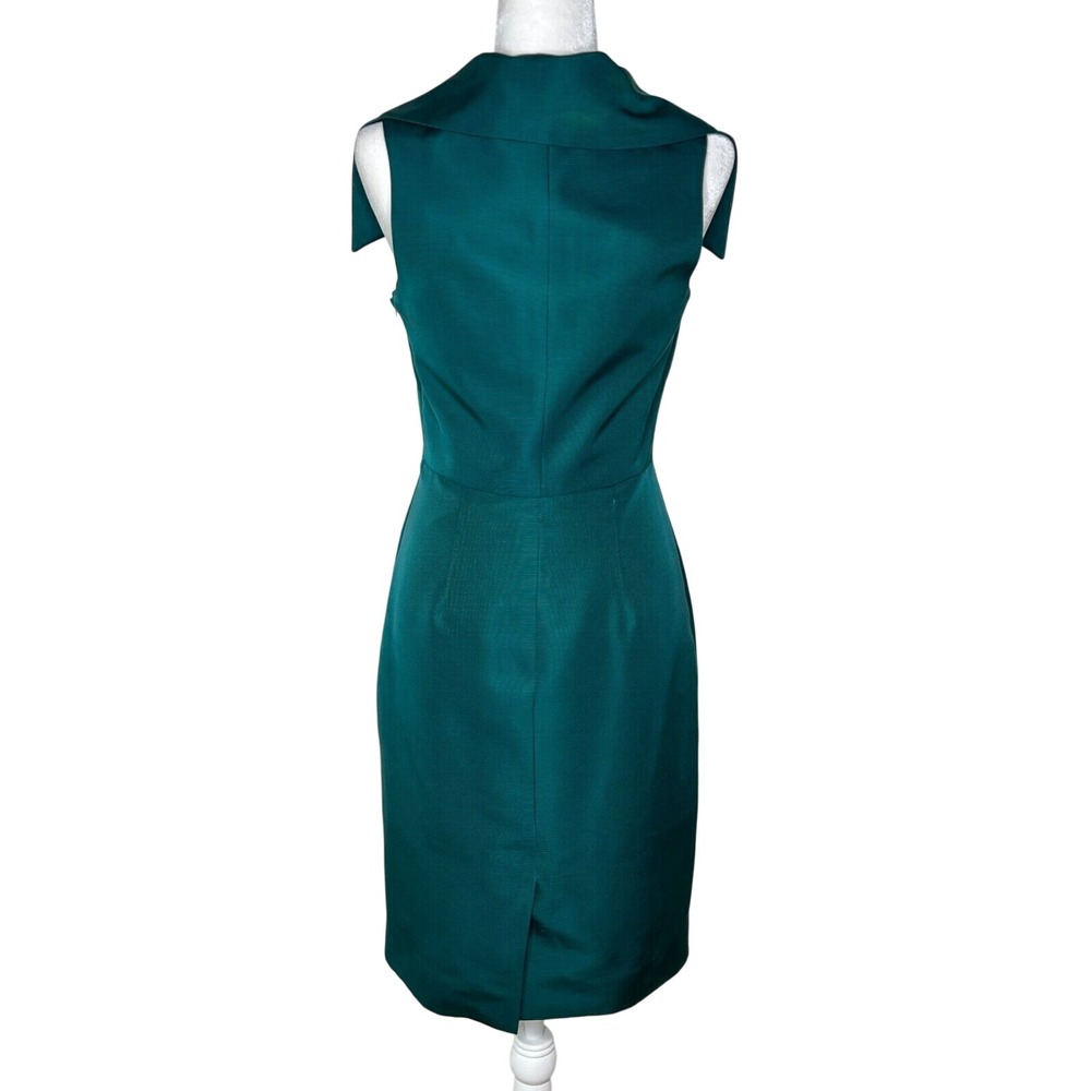 Lela Rose Silk Sheath Dress Womens 6 Teal Green Ribbed Ruffle Portrait Collar - Picture 4 of 11